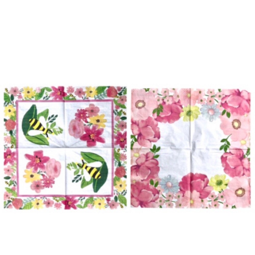 Set of Two (2) Individual Floral and Bee Luncheon Size DIY Decoupage Napkins